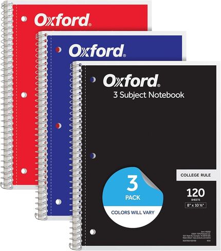 Oxford Spiral Notebook 3 Pack, 3 Subject, College Ruled Paper, 2 Dividers, 8 x 10-1/2 Inches, Black, Red, Blue, 120 Sheets (65202) in Kuwait