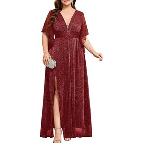 Plus Size Sparkly Formal Maxi Dress Deep V-Neck Glitter Mesh with Slit Wedding Guest Cocktail Prom Evening Gown in Kuwait
