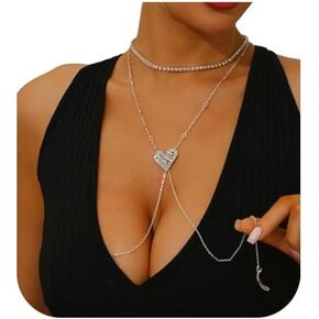 Sexy Rhinestone Heart Bra Body Chain Necklace Festival Rave Crystal Non Piercing Nipple Chain Jewelry Bikini Lingerie Nipple Body Jewelry for Women Party in Saudi Arabia