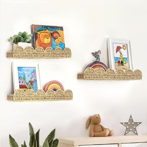AELS Scalloped Nursery Bookshelf, Set of 2, Picture Ledge Shelf for Wall Decor, Woven Straw Paper Floating Shelves for Books, Toys, Photo Frames, Nursery, Boho Modern Farmhouse Book Shelf, Beige in Saudi Arabia