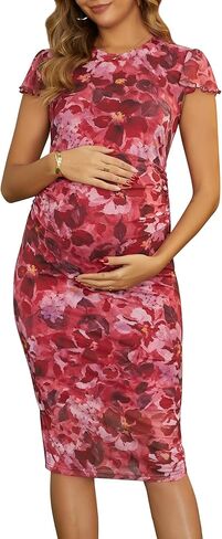 Womens Maternity Dress for Baby Shower Floral Bodycon Ruched Flutter Sleeve Pregnancy Dresses for Wedding Guest in Saudi Arabia
