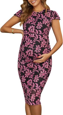 Womens Maternity Dress for Baby Shower Floral Bodycon Ruched Flutter Sleeve Pregnancy Dresses for Wedding Guest in Saudi Arabia