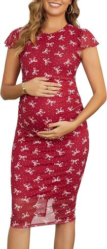 Womens Maternity Dress for Baby Shower Floral Bodycon Ruched Flutter Sleeve Pregnancy Dresses for Wedding Guest in Saudi Arabia