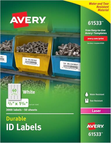 Avery Durable White Cover Up ID Labels for Laser Printers, 0.67 x 1.75, Pack of 3000 (61533) in Kuwait
