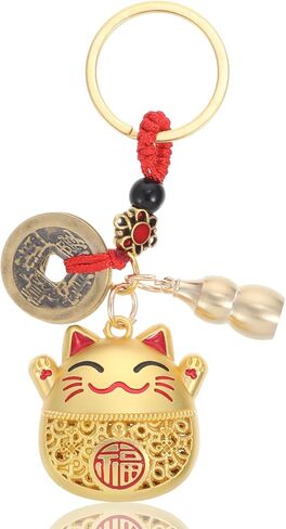 Lucky Cat Keychain, Japanese Keychain with Feng Shui Coins, Tassel ＆ Gourd, Maneki Neko Statue Charm for Good Luck, Gift for Cat Lovers in Saudi Arabia