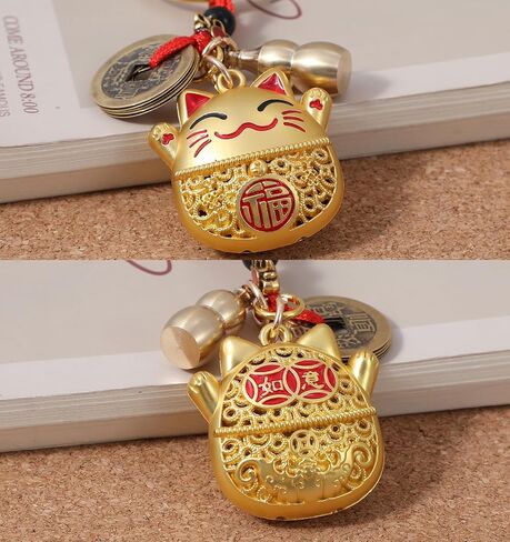 Lucky Cat Keychain, Japanese Keychain with Feng Shui Coins, Tassel ＆ Gourd, Maneki Neko Statue Charm for Good Luck, Gift for Cat Lovers in Saudi Arabia