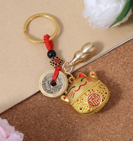 Lucky Cat Keychain, Japanese Keychain with Feng Shui Coins, Tassel ＆ Gourd, Maneki Neko Statue Charm for Good Luck, Gift for Cat Lovers in Saudi Arabia