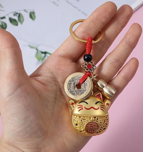 Lucky Cat Keychain, Japanese Keychain with Feng Shui Coins, Tassel ＆ Gourd, Maneki Neko Statue Charm for Good Luck, Gift for Cat Lovers in Saudi Arabia