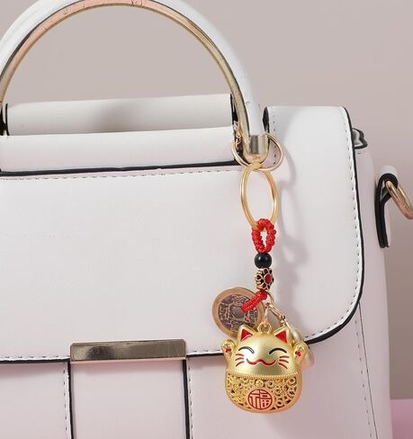 Lucky Cat Keychain, Japanese Keychain with Feng Shui Coins, Tassel ＆ Gourd, Maneki Neko Statue Charm for Good Luck, Gift for Cat Lovers in Saudi Arabia