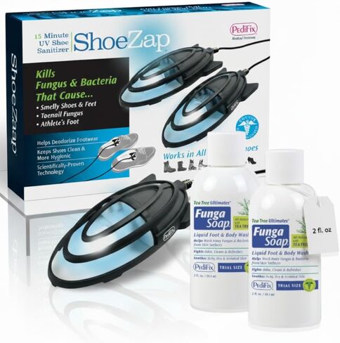 Pedifix ShoeZap مطهر الأحذية بالأشعة فوق البنفسجية + FungaSoap غسول شجرة الشاي 2 أونصة - مزيل الروائح الكريهة للأحذية الخفيفة بالأشعة فوق البنفسجية مع 2 منظف شجرة الشاي لرائحة القدم، والعناية بالفطريات، وتجديد قدم الرياضيين والأحذية in Saudi Arabia