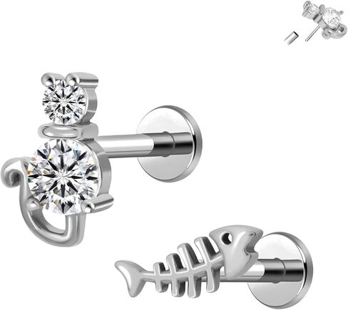 2Pcs Threadless Cartilage Earrings for Women 16G 18G Flat Back Stud Forward Helix Earrings Tragus Rook Lip Piercing Jewelry 316L Stainless Steel Gold Cute Cat Fish Shape in Saudi Arabia