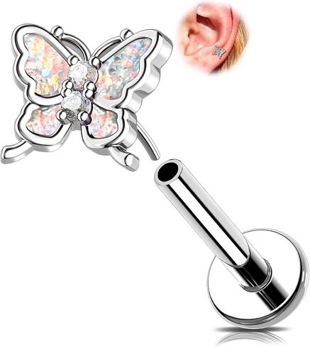 MeIighting 16G Butterlfy Threadless Helix Stud, Stainless Steel 316L Flat Back Earring, Cartilage Piercing Jewelry Clear CZ Lobe Tragus Piercing for Women 6/8 mm in Saudi Arabia