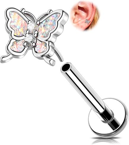 MeIighting 16G Butterlfy Threadless Helix Stud، الفولاذ المقاوم للصدأ 316L حلق خلفي مسطح، مجوهرات ثقب الغضروف شفافة CZ Lobe Tragus Piercing للنساء 6/8 مم in Kuwait