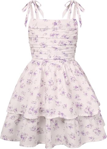 GRACE KARIN Girls Floral Smocked Dress Summer Layered Tie Shoulder Bowknot Flowy Dresses for 7-14 Years in Saudi Arabia