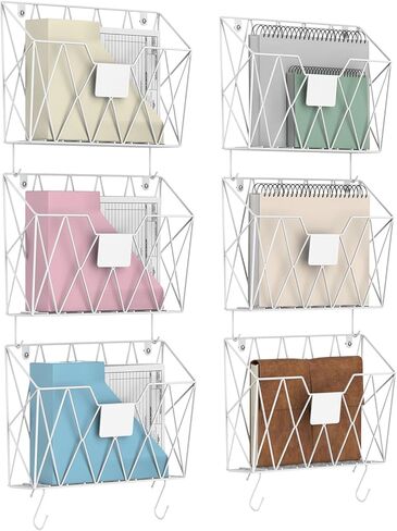 Hanging Wall File Organizer Office File Holder Wall Mount 6 Pockets Paper Folder Rack Document Organization White Mesh Hanging File Mails Holder with Tag Slot Magazine Rack with Hook for Home School in Kuwait