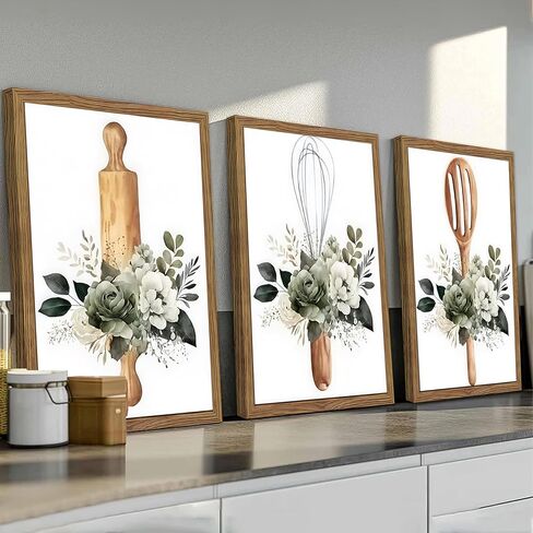 Sage Green Kitchen Canvas Wall Art Set of 3 – Framed Minimalist Eucalyptus Leaves Wall Decor Artwork, Modern Dining Room Plant Pictures Poster Prints for kitchen Home Decoration – 12x16in in Saudi Arabia