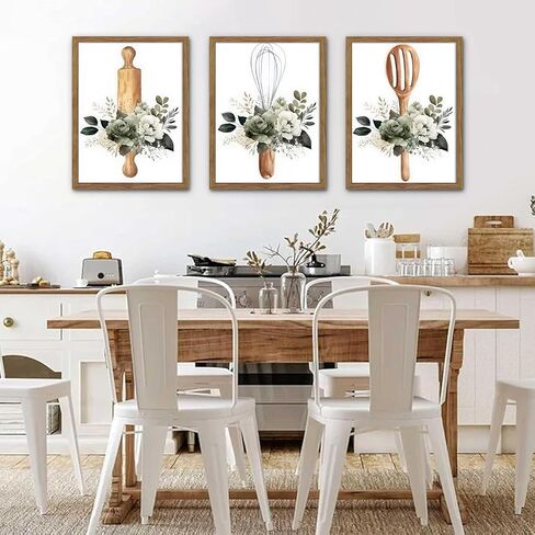 Sage Green Kitchen Canvas Wall Art Set of 3 – Framed Minimalist Eucalyptus Leaves Wall Decor Artwork, Modern Dining Room Plant Pictures Poster Prints for kitchen Home Decoration – 12x16in in Saudi Arabia