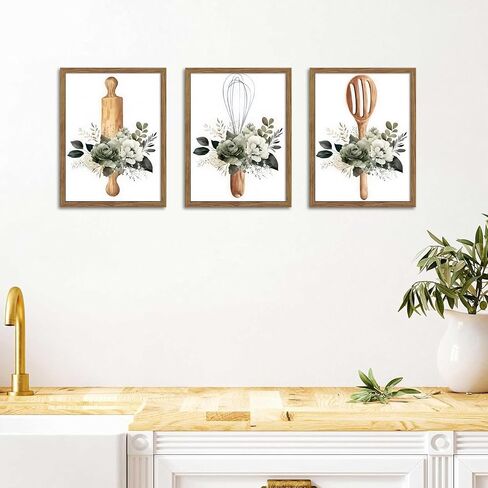 Sage Green Kitchen Canvas Wall Art Set of 3 – Framed Minimalist Eucalyptus Leaves Wall Decor Artwork, Modern Dining Room Plant Pictures Poster Prints for kitchen Home Decoration – 12x16in in Saudi Arabia