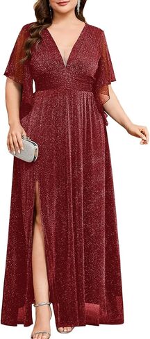 Plus Size Sparkly Formal Maxi Dress Deep V-Neck Glitter Mesh with Slit Wedding Guest Cocktail Prom Evening Gown in Kuwait