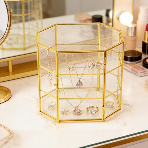 ​ Elegant Glass Jewelry Display Box, 3-Tier with Gold Frame,​ Perfect Glass Case for Displaying Collectibles & Organizing Makeup, Multi-Functional Showcase in Saudi Arabia