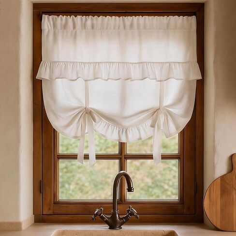 JarThenaAMCS Tied Up Window Valance Beige Bowknot Ruffled Window Tie Up Curtain Tiers for Windows Rod Home Kitchen Cafe Decoration 1 Panel, 53.1 x 39.4 Inch in Saudi Arabia