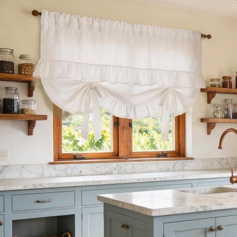 JarThenaAMCS Tied Up Window Valance Beige Bowknot Ruffled Window Tie Up Curtain Tiers for Windows Rod Home Kitchen Cafe Decoration 1 Panel, 53.1 x 39.4 Inch in Saudi Arabia