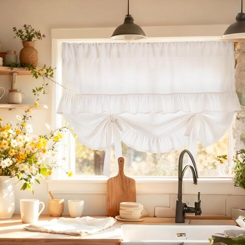 JarThenaAMCS Tied Up Window Valance Beige Bowknot Ruffled Window Tie Up Curtain Tiers for Windows Rod Home Kitchen Cafe Decoration 1 Panel, 53.1 x 39.4 Inch in Saudi Arabia