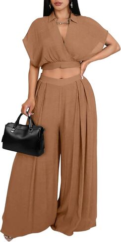 Women Two Piece Outfit V Neck Crop Top Batwing Sleeve Flowy Wide Leg Pants Set Summer Vacation Travel Outfits in Saudi Arabia