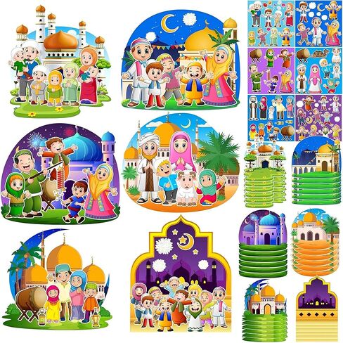 36 Sets Ramadan Stickers Eid Mubarak Craft Kit for Moon Star Scene Stickers Bulk Ramadan Kareem Decorations DIY Muslim Mosque Hanging Ornament for Tree Eid Al Fitr Party Class Activities in Saudi Arabia