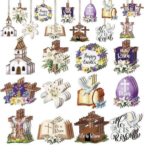 Wenqik 36 Pcs Easter Wooden Hanging Ornaments for Tree He is Risen Religious Easter Decorations Cross Egg Wooden Decor for Tree Decorations and Home Decor in Saudi Arabia