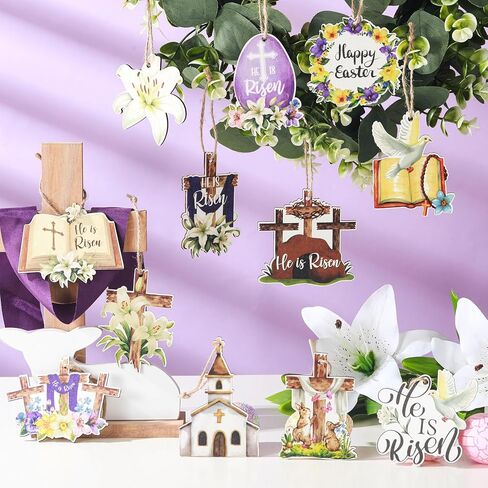 Wenqik 36 Pcs Easter Wooden Hanging Ornaments for Tree He is Risen Religious Easter Decorations Cross Egg Wooden Decor for Tree Decorations and Home Decor in Saudi Arabia