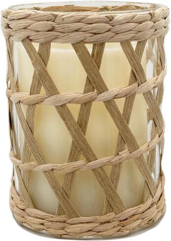 الروطان المنسوجة حامل شموع الشاي الخفيفة، ديكور خمر ريفي الخوص زجاج نذري شمعة فانوس، 4.75 "الأعشاب البحرية الطبيعية المنسوجة يدويا عمود شمعة حامل الإعصار تيلايت شمعة حامل in Kuwait