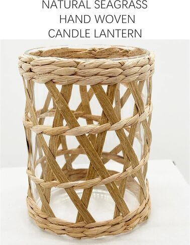 الروطان المنسوجة حامل شموع الشاي الخفيفة، ديكور خمر ريفي الخوص زجاج نذري شمعة فانوس، 4.75 "الأعشاب البحرية الطبيعية المنسوجة يدويا عمود شمعة حامل الإعصار تيلايت شمعة حامل in Kuwait