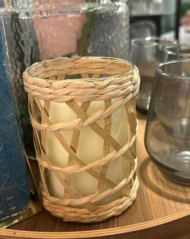 الروطان المنسوجة حامل شموع الشاي الخفيفة، ديكور خمر ريفي الخوص زجاج نذري شمعة فانوس، 4.75 "الأعشاب البحرية الطبيعية المنسوجة يدويا عمود شمعة حامل الإعصار تيلايت شمعة حامل in Kuwait