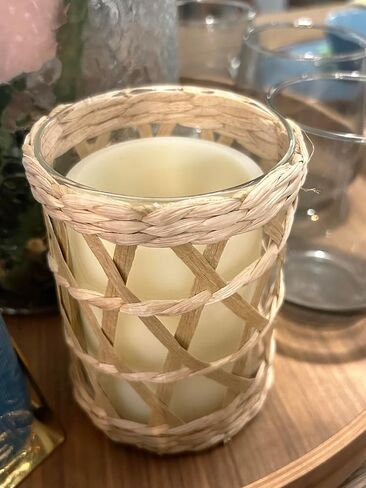 الروطان المنسوجة حامل شموع الشاي الخفيفة، ديكور خمر ريفي الخوص زجاج نذري شمعة فانوس، 4.75 "الأعشاب البحرية الطبيعية المنسوجة يدويا عمود شمعة حامل الإعصار تيلايت شمعة حامل in Kuwait