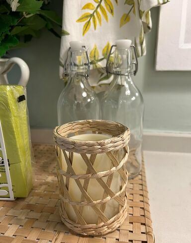 الروطان المنسوجة حامل شموع الشاي الخفيفة، ديكور خمر ريفي الخوص زجاج نذري شمعة فانوس، 4.75 "الأعشاب البحرية الطبيعية المنسوجة يدويا عمود شمعة حامل الإعصار تيلايت شمعة حامل in Kuwait