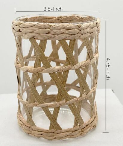 الروطان المنسوجة حامل شموع الشاي الخفيفة، ديكور خمر ريفي الخوص زجاج نذري شمعة فانوس، 4.75 "الأعشاب البحرية الطبيعية المنسوجة يدويا عمود شمعة حامل الإعصار تيلايت شمعة حامل in Kuwait