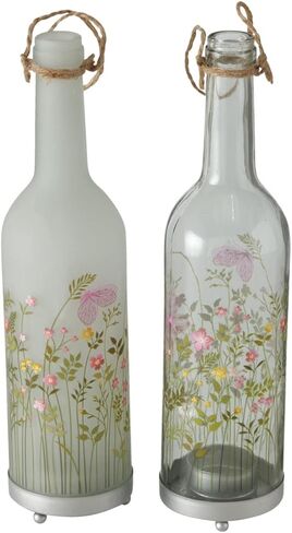 Rustic Bottle Tea Light Candle Holders, Set of 2, Painted Flowers, Translucent Glass, Tea Light Holder Base, 11.5 Inches in Saudi Arabia