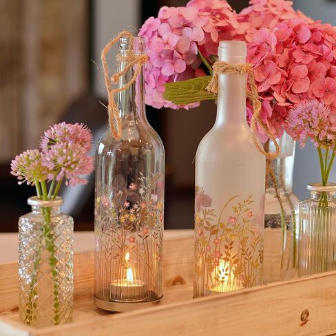 Rustic Bottle Tea Light Candle Holders, Set of 2, Painted Flowers, Translucent Glass, Tea Light Holder Base, 11.5 Inches in Saudi Arabia