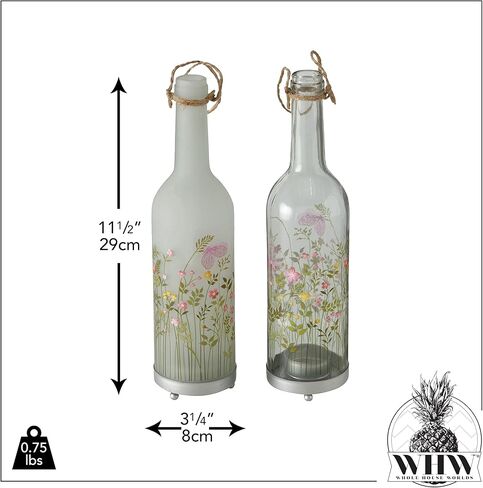 Rustic Bottle Tea Light Candle Holders, Set of 2, Painted Flowers, Translucent Glass, Tea Light Holder Base, 11.5 Inches in Saudi Arabia