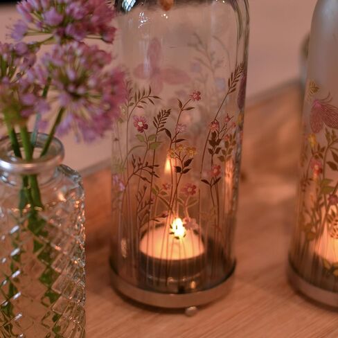 Rustic Bottle Tea Light Candle Holders, Set of 2, Painted Flowers, Translucent Glass, Tea Light Holder Base, 11.5 Inches in Saudi Arabia