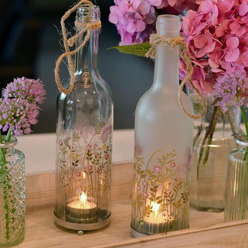 Rustic Bottle Tea Light Candle Holders, Set of 2, Painted Flowers, Translucent Glass, Tea Light Holder Base, 11.5 Inches in Saudi Arabia