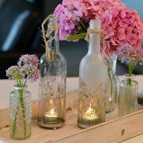 Rustic Bottle Tea Light Candle Holders, Set of 2, Painted Flowers, Translucent Glass, Tea Light Holder Base, 11.5 Inches in Saudi Arabia