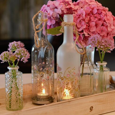 Rustic Bottle Tea Light Candle Holders, Set of 2, Painted Flowers, Translucent Glass, Tea Light Holder Base, 11.5 Inches in Saudi Arabia