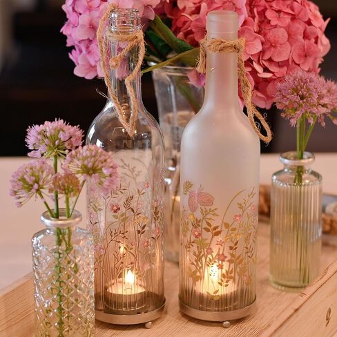 Rustic Bottle Tea Light Candle Holders, Set of 2, Painted Flowers, Translucent Glass, Tea Light Holder Base, 11.5 Inches in Saudi Arabia