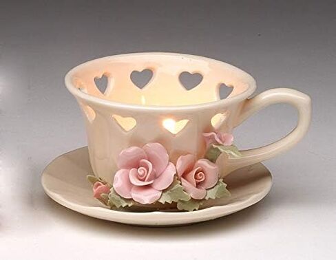 Fine Elegant Jade Porcelain Teacup Cup & Saucer with Pink Roses Tealight Candle Holder Cup Figurine, 4-1/2" L in Saudi Arabia