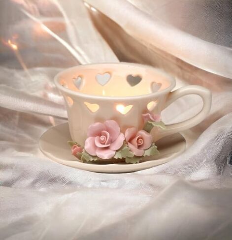 Fine Elegant Jade Porcelain Teacup Cup & Saucer with Pink Roses Tealight Candle Holder Cup Figurine, 4-1/2" L in Saudi Arabia
