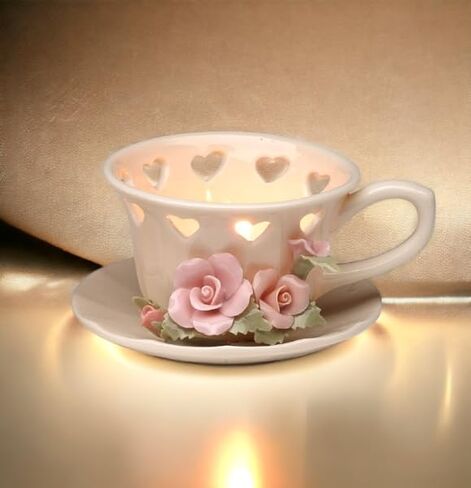 Fine Elegant Jade Porcelain Teacup Cup & Saucer with Pink Roses Tealight Candle Holder Cup Figurine, 4-1/2" L in Saudi Arabia