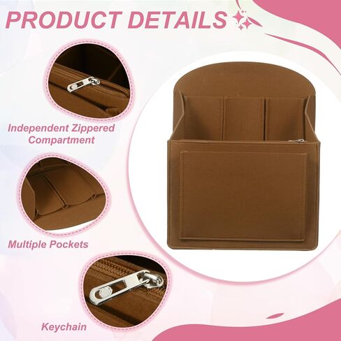 uxcell Purse Organizer Insert, Portable Felt Organizer Bag with Metal Zipper Multiple Compartments Purse Liner for Backpack Rucksack Handbag Shoulder Bag (10.6 x 5.7 x 13.6, Light Brown) in Saudi Arabia