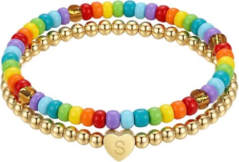 Initial Beaded Bracelets for Girls Women - Gold Heart Letter Cute Colorful Stretch Bead Bracelet Trendy Jewelry Teen Girl Gifts for Women Her Wife Sister Friends in Saudi Arabia